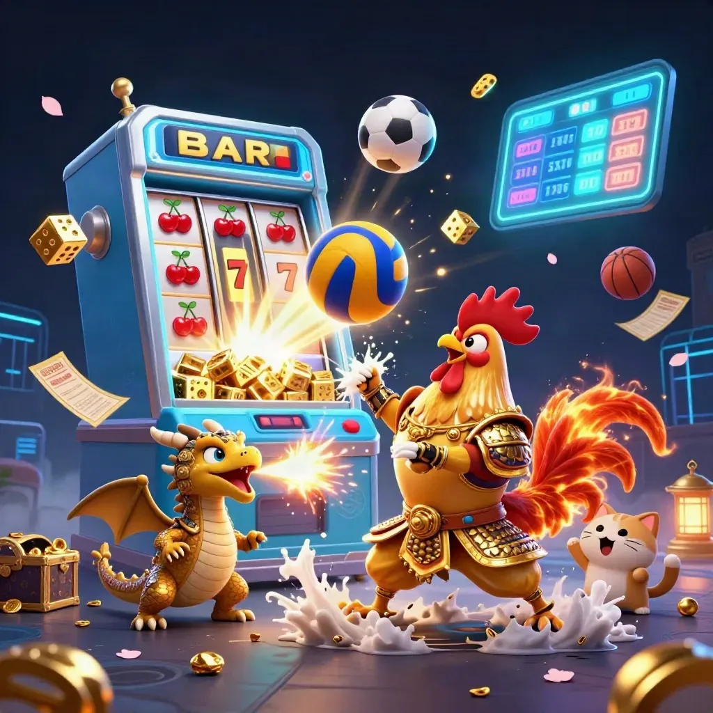 Galo guerreiro, dragão e gato da sorte em meio a bola de vôlei, slot e ouro neon.