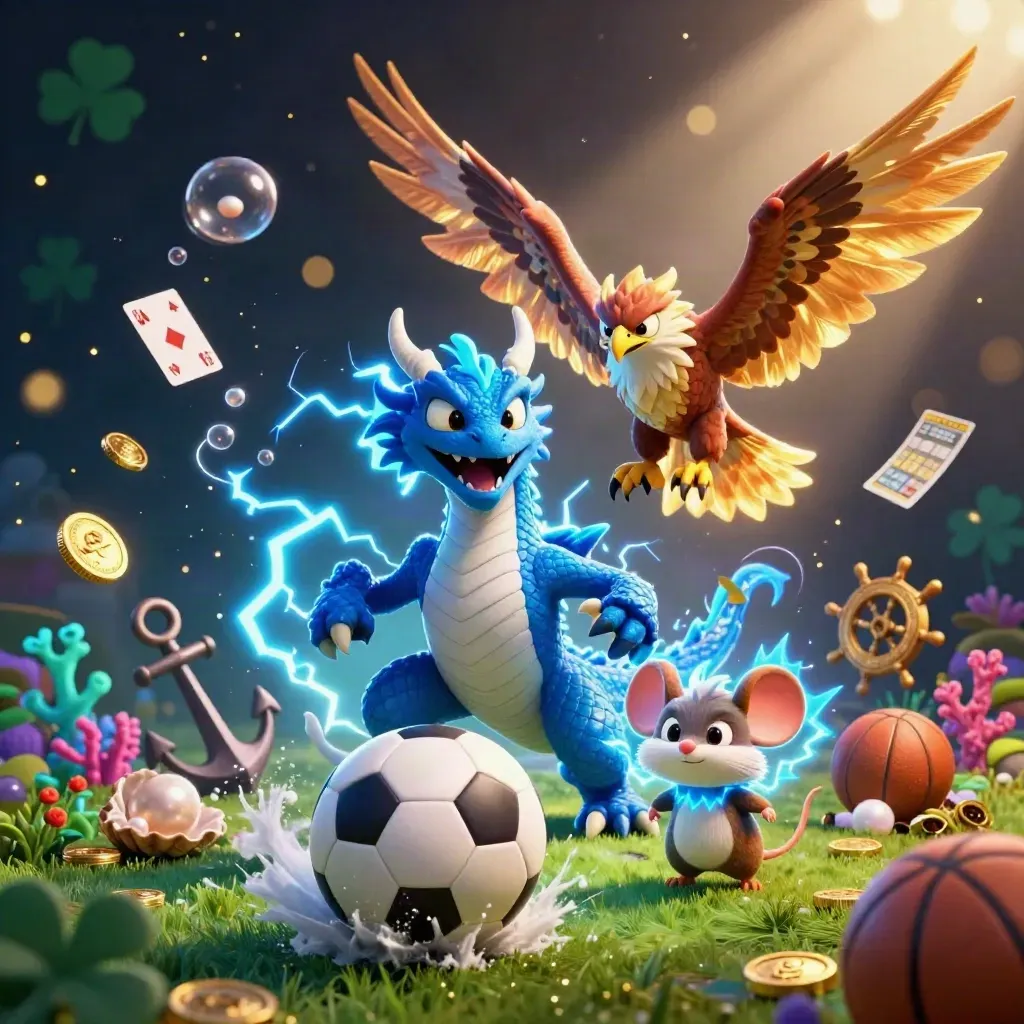 Dragão, falcão e rato elétricos cercados de moedas, coral e bola em luz neon.