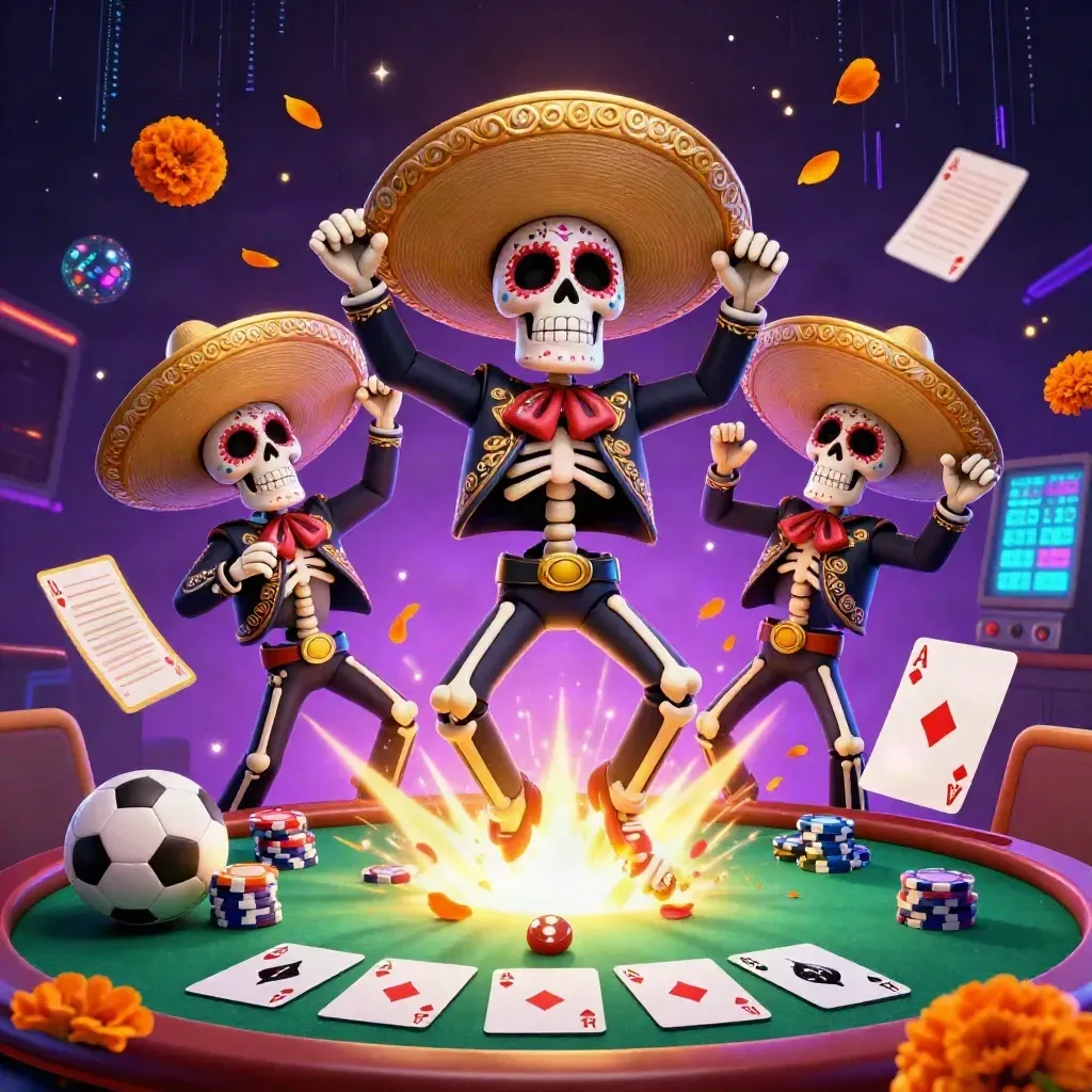 Trio de esqueletos mariachi cercado por fichas, cartas e bolas em cena neon premium