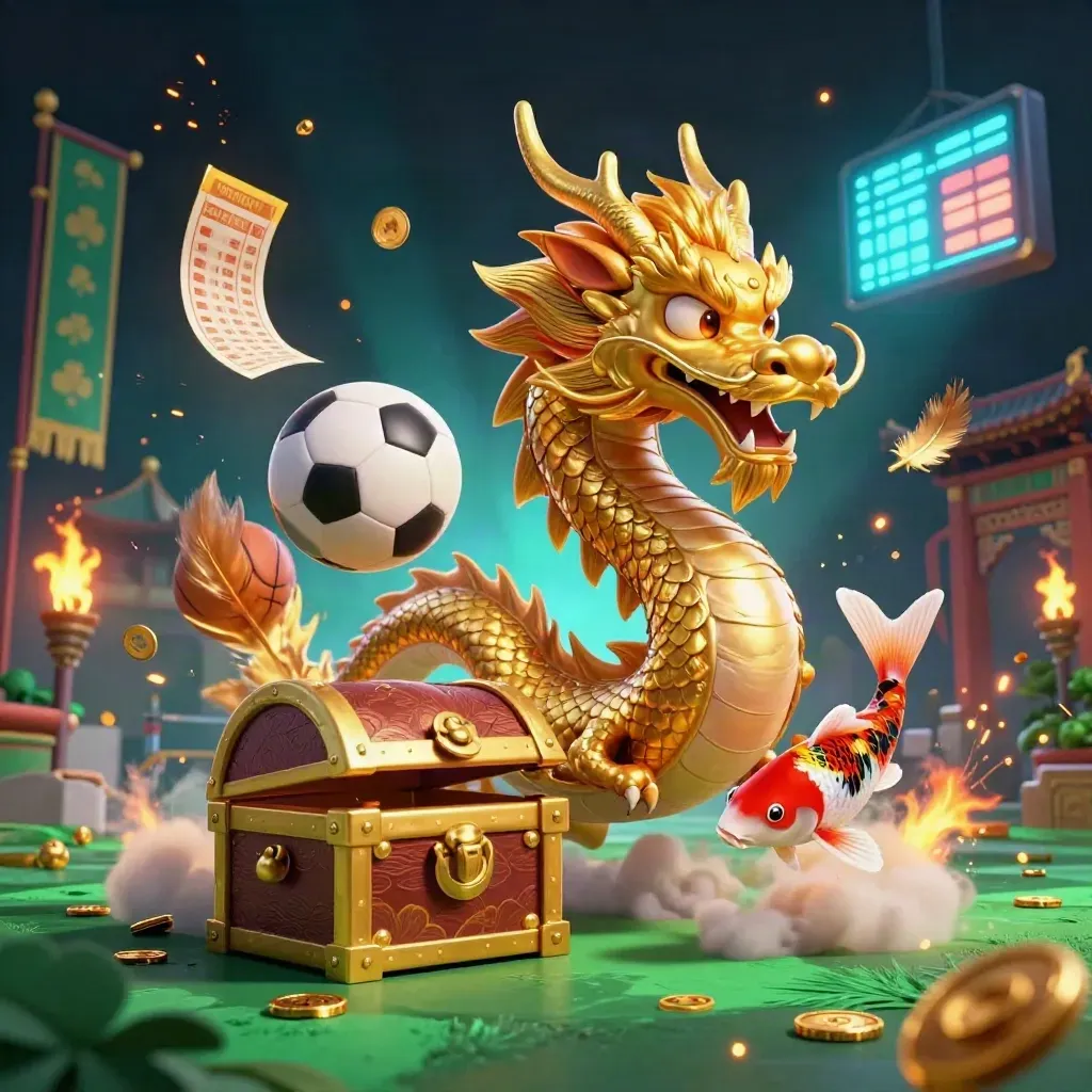Dragão dourado, fênix e koi com bolas, moedas e luzes de casino.
