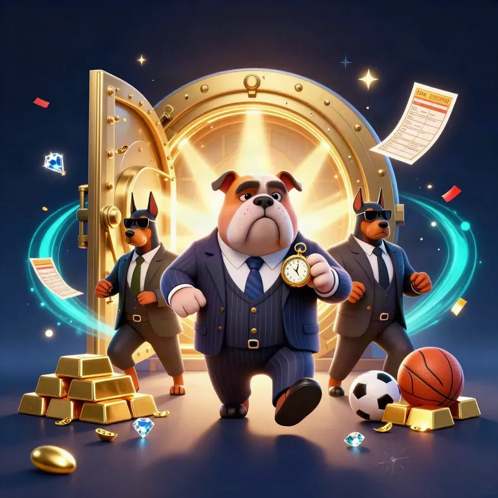 Bulldog mafioso 3D e dois dobermans cercados por ouro, raios cianos e efeitos de cassino.