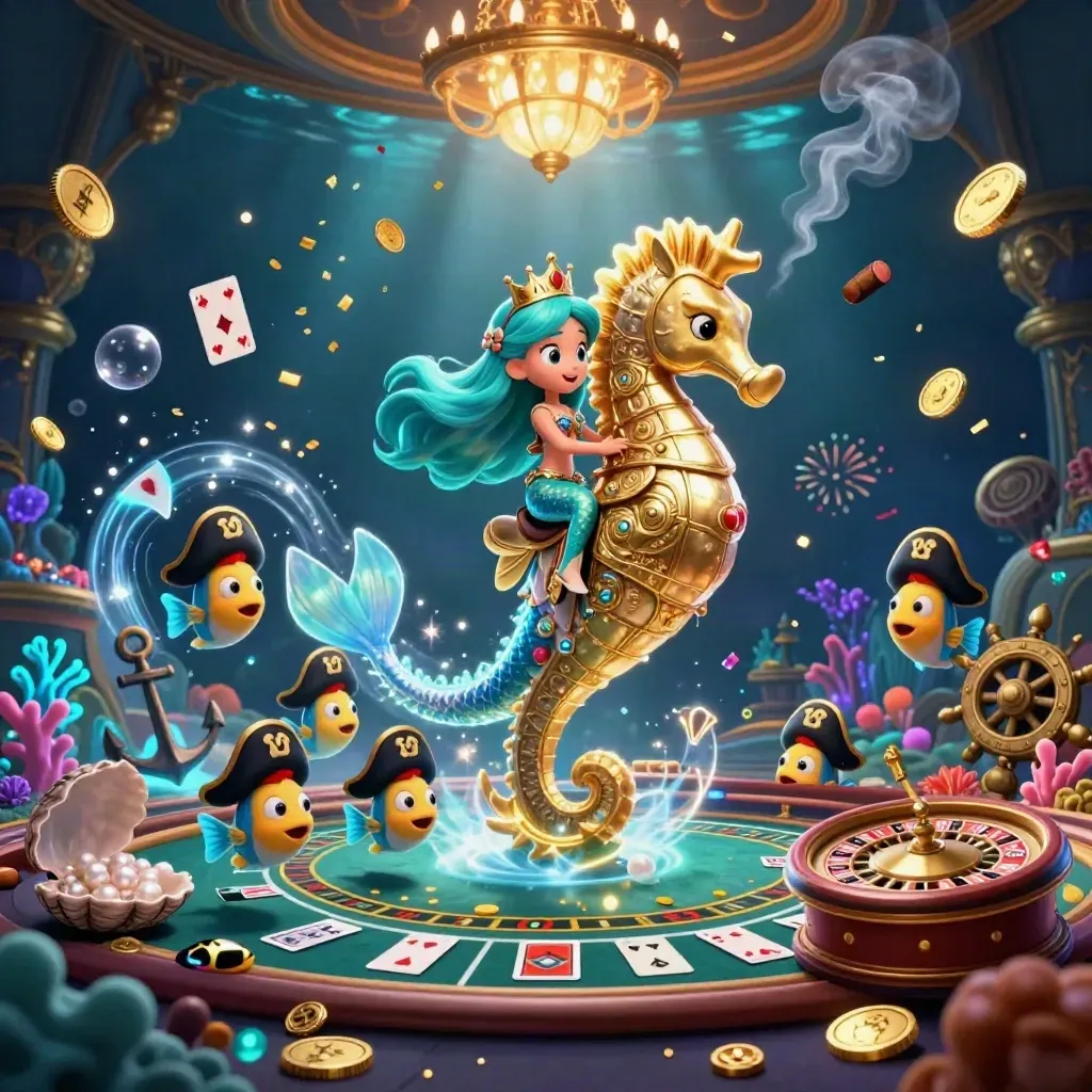 Sereia princesa em caverna subaquática luxuosa, peixes piratas, ouro, luz ciano e dourada