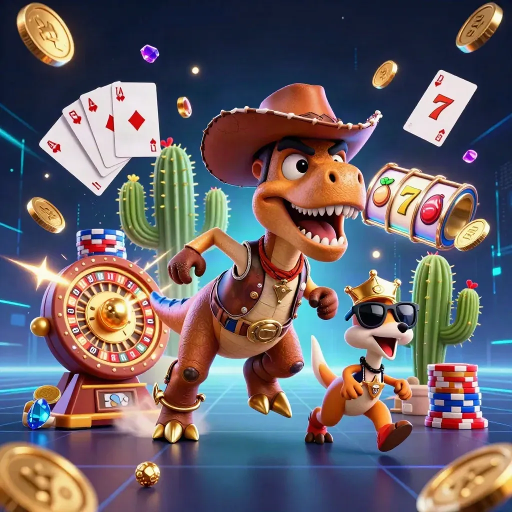 T-Rex cowboy, cacto e papa-léguas em explosão neon de moedas, gemas e cartas