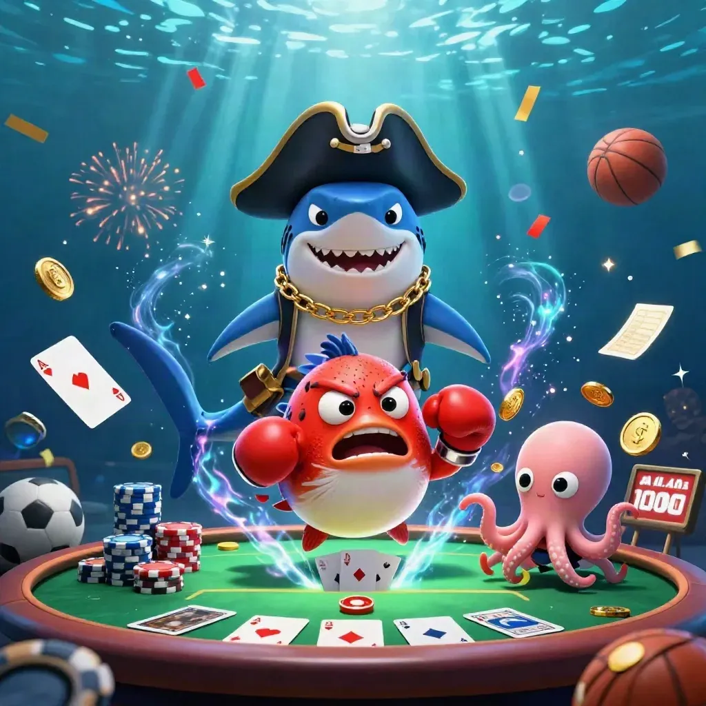 Tubarão pirata, baiacu bravo e polvo bebê com moedas, cartas e fogos no fundo azul-marinho.