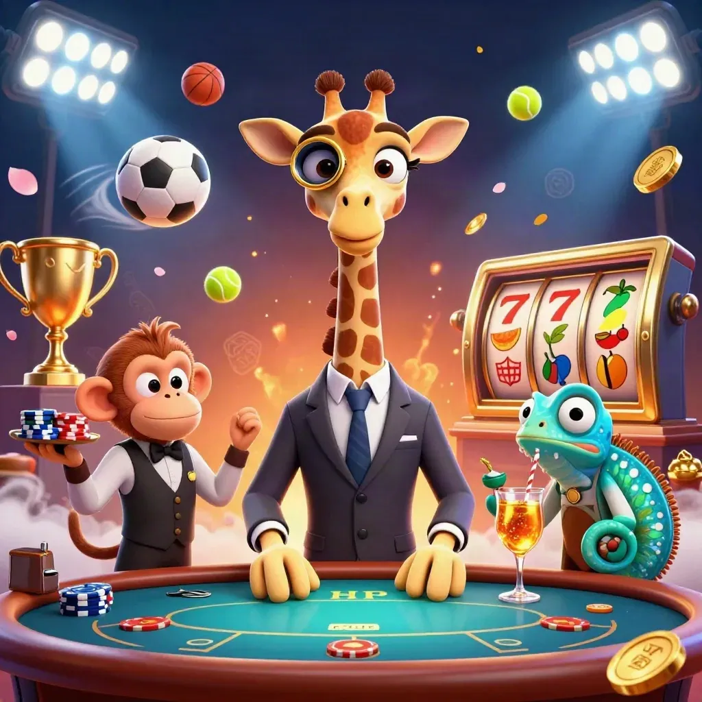 Girafa VIP, macaco e camaleão em mesa de pôquer, com bolas, troféu e moedas douradas.