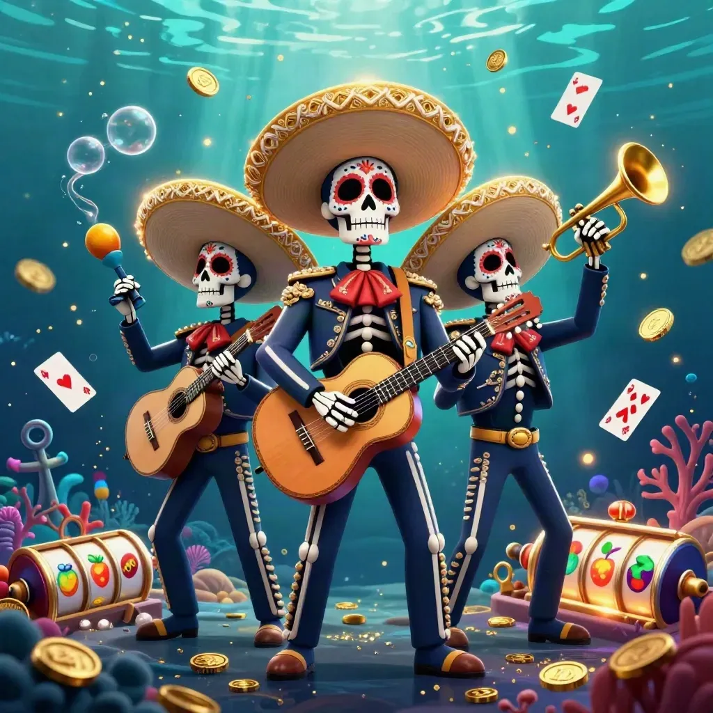 Trio de esqueletos mariachi em baú relâmpago subaquático, com moedas, corais e brilho dourado.