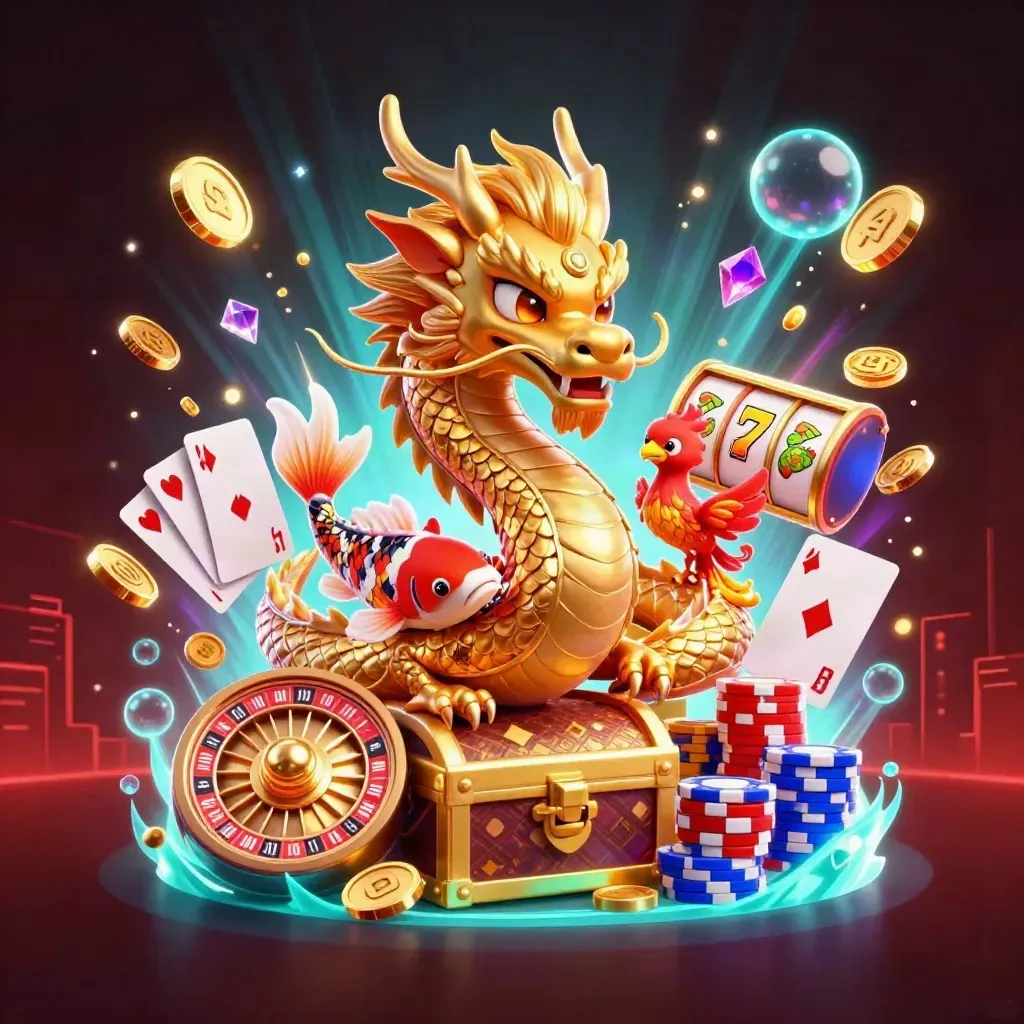 Dragão dourado, fênix e koi cercam um baú com moedas, dados, roletas e luz neon.